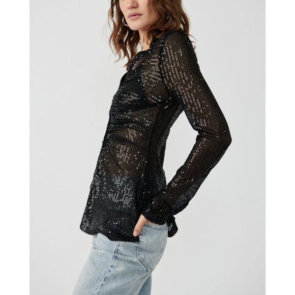 🎉LAST CHANCE🎉 FREE PEOPLE Sequin Shirtee / Black - Picture 4 of 6